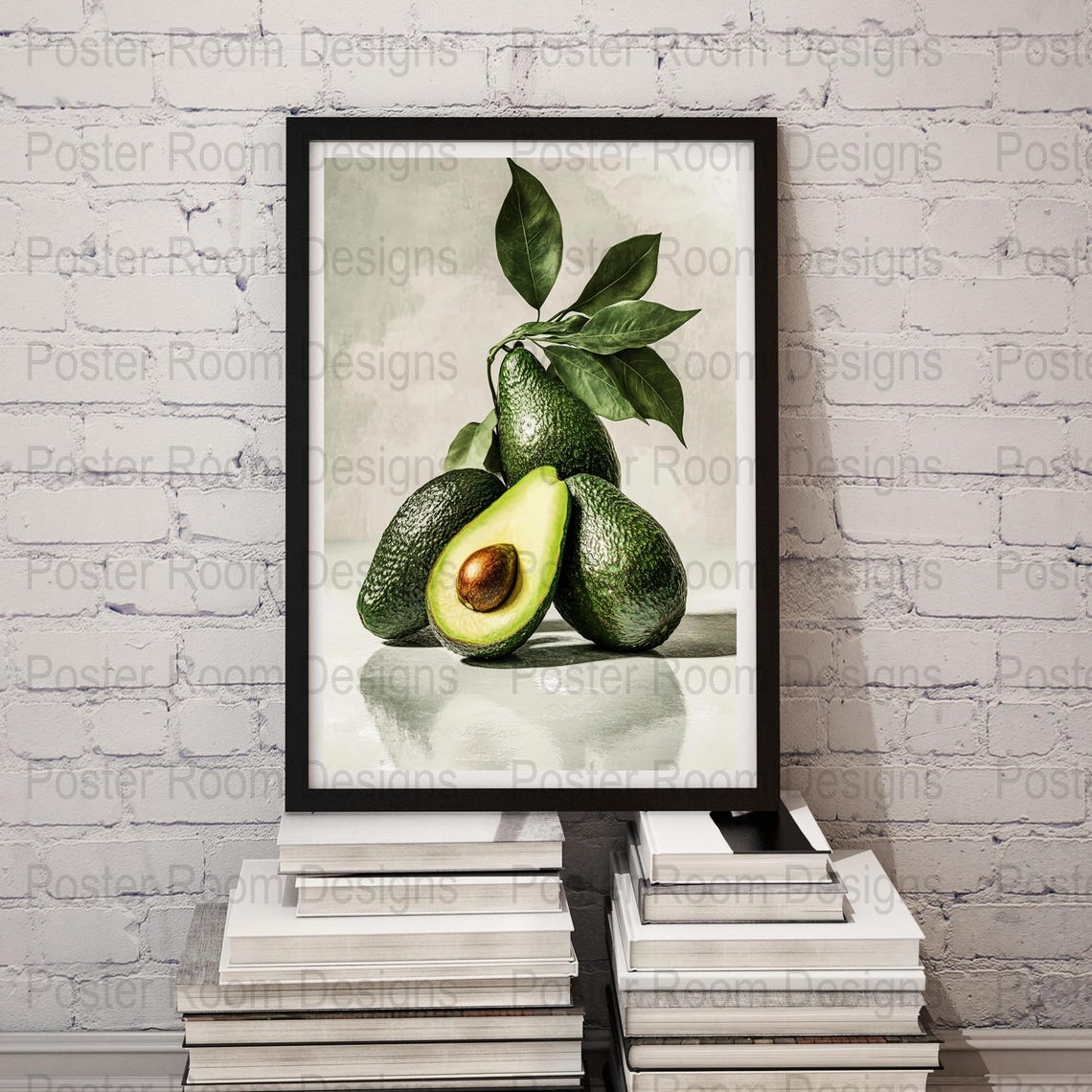 Avocado Trio Art Photography Poster with Leafy Green Branches