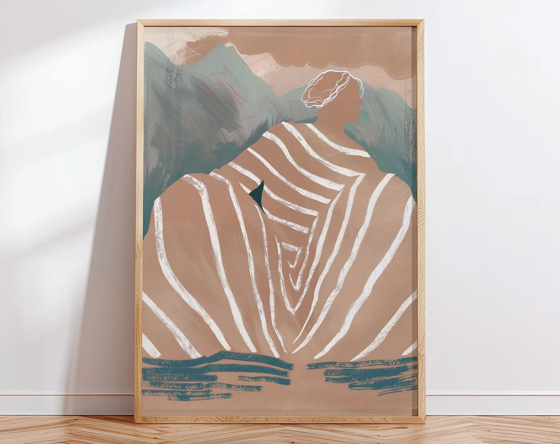Beige Boho Woman Portrait With Mountain Landscape Art Poster