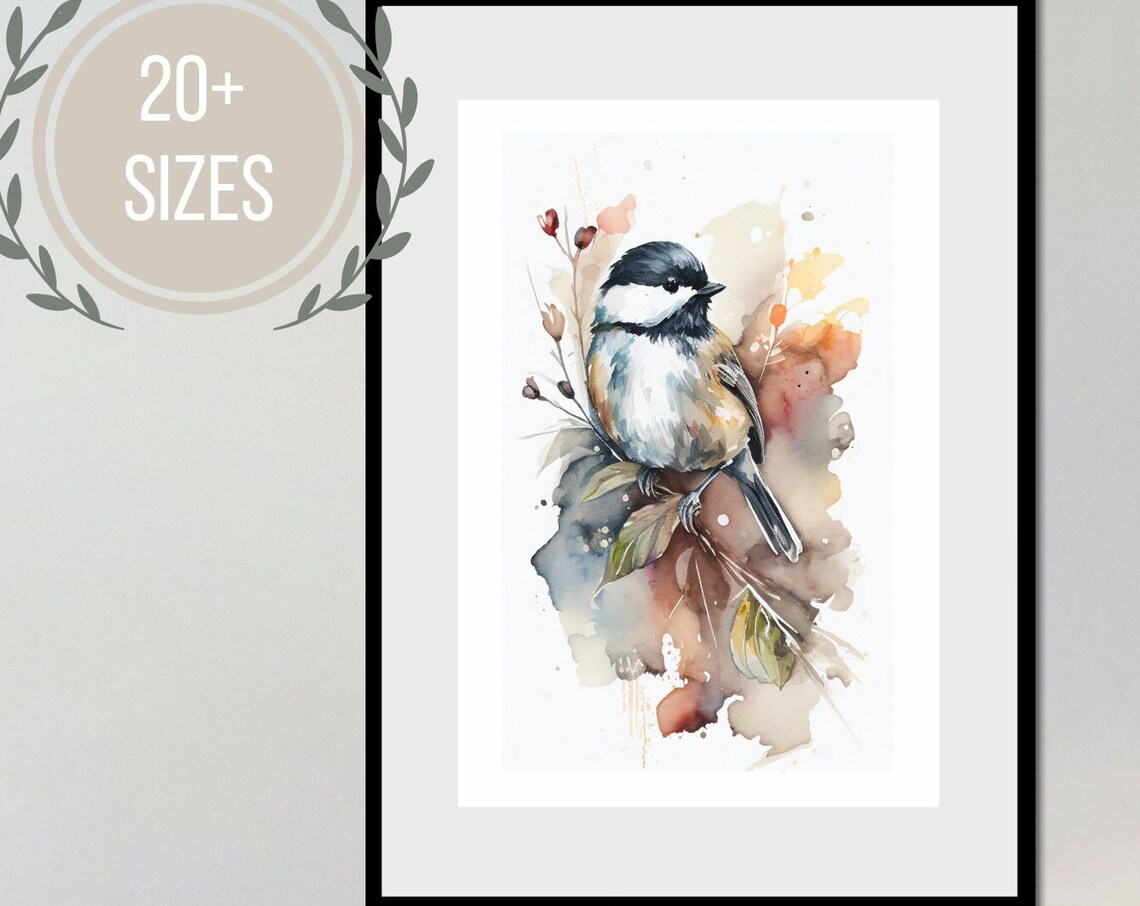 Watercolor Chickadee on Branch Autumn Songbird Floral Art Painting Poster