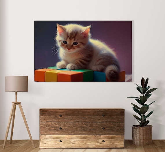 Cream Kitten Lying On Colorful Toy Blocks Purple Glow Poster