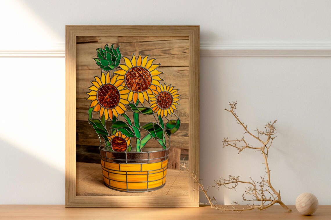 Bright Yellow Sunflowers in Basket Stained Glass Style Art Poster - Image 2
