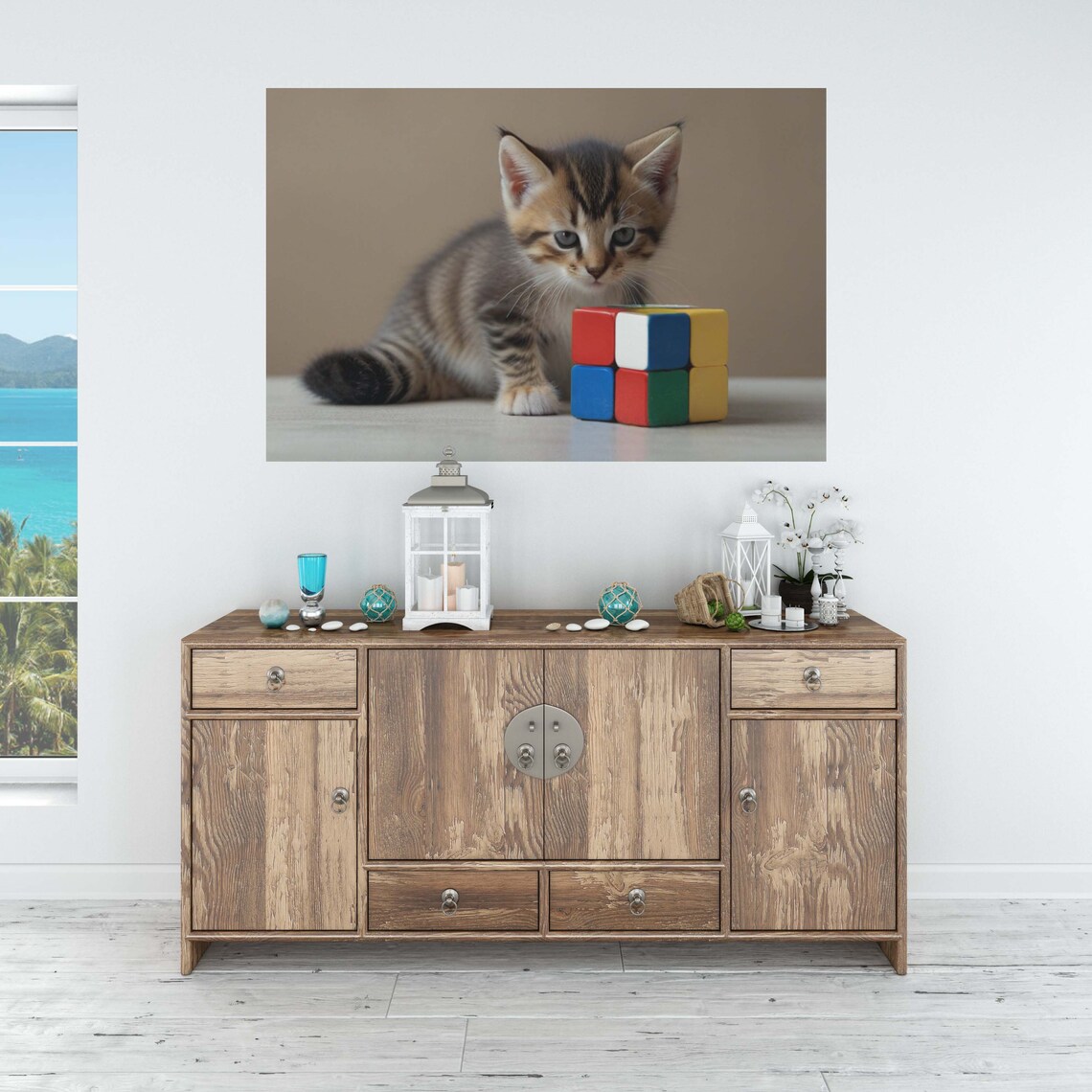 Cute Kitten Looking Rubik Cube Poster Set Of 1 Image Home Art Decoration Vivid Kitten Illustration - Image 2