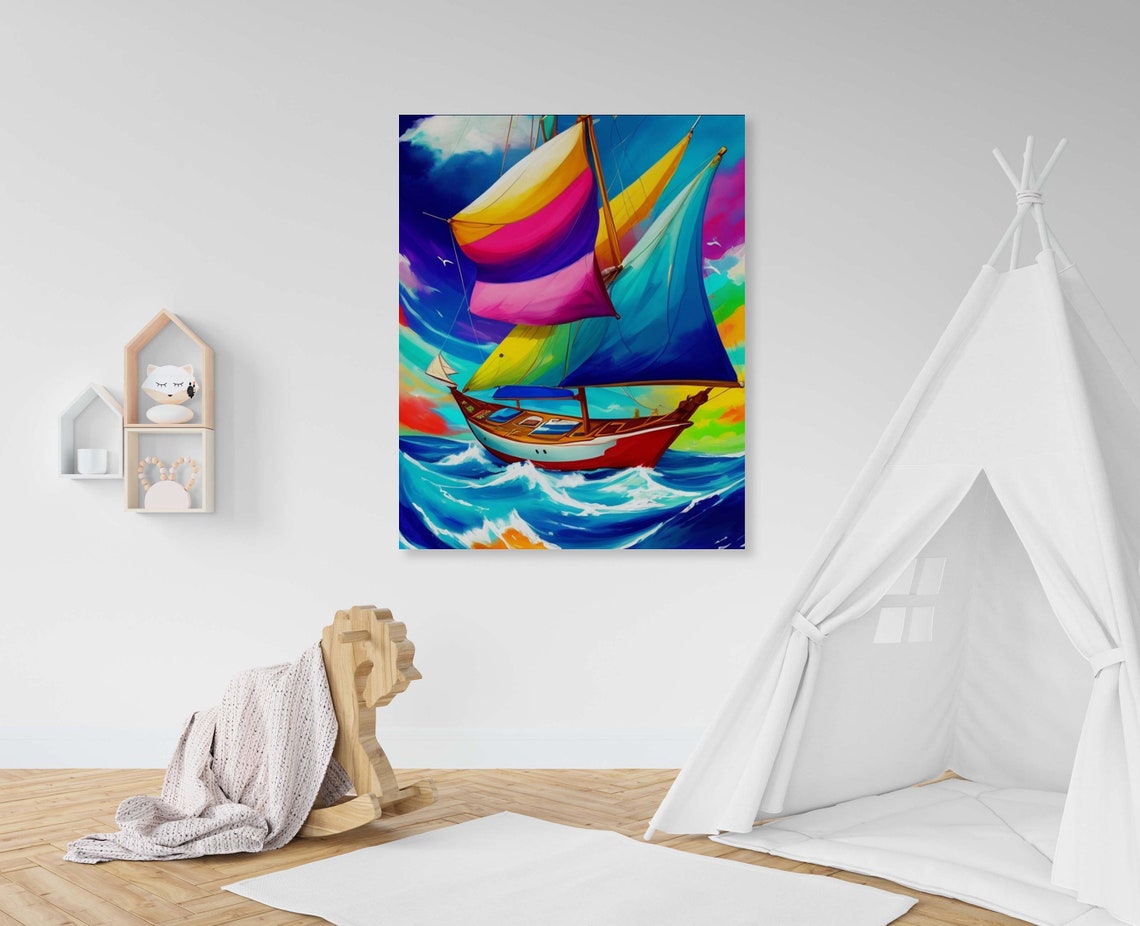 Sailboat With Multicolor Sails Sailing An Open Blue Ocean Poster
