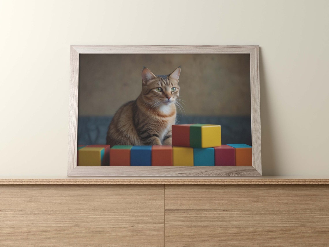 Serious Tabby Cat Behind Colorful Toy Blocks Funny Pet Poster - Image 2