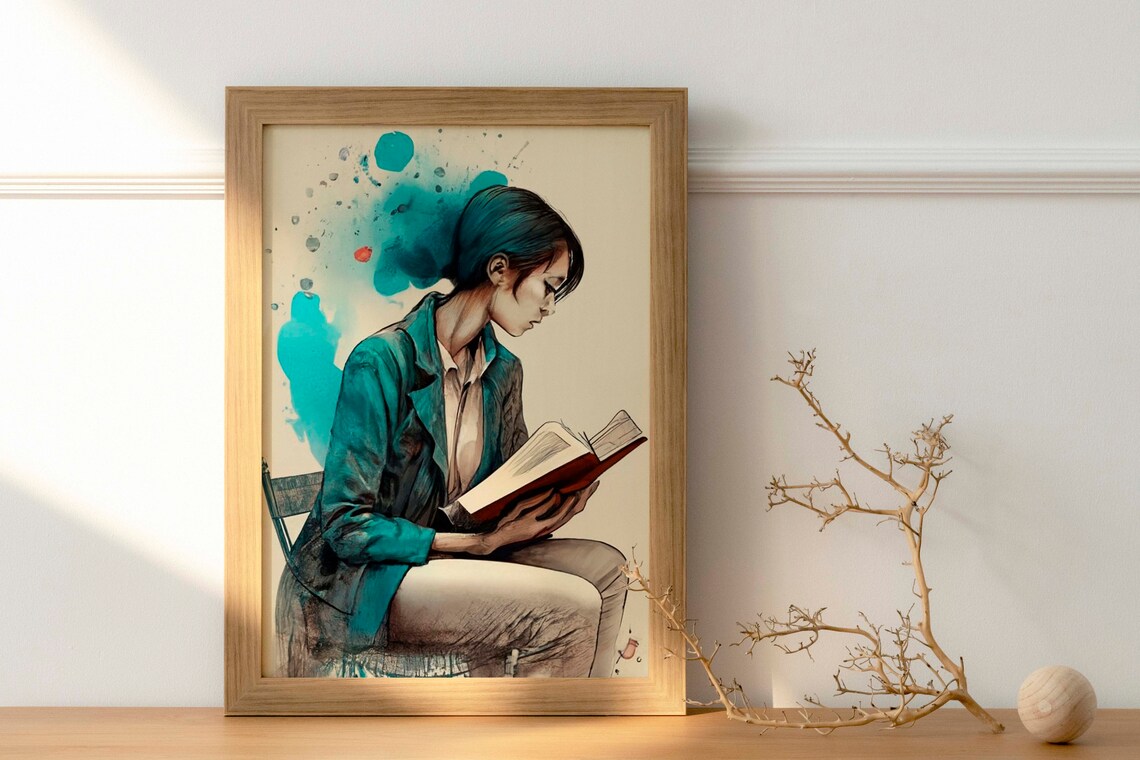 Watercolor Woman Reading Book Lost In Pages Portrait Art Print - Image 3