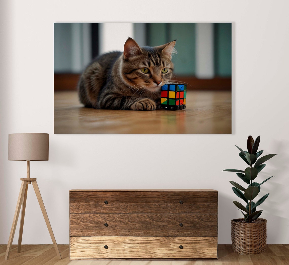 Charming Brown Tabby Cat Napping Next to Colorful Rubik Cube Poster