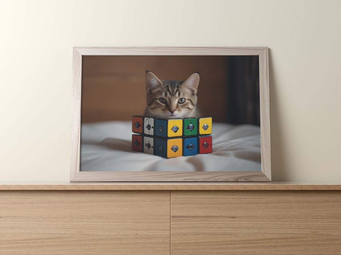 Cute Cat Hide In Rubik Cube Poster Set Of 1 Image Home Art Decor Gray Cat Inside Cubes Illustration Art - Image 2