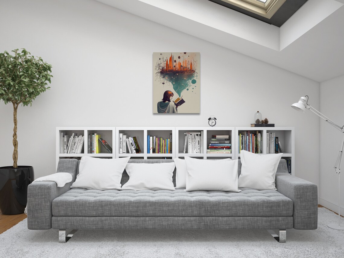 Woman Reading Book Fantasy Floating City Dreamscape Art Poster - Image 2