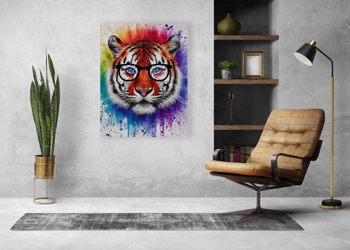 Tiger Wearing Black Glasses Rainbow Watercolor Funny Art Poster - Image 2