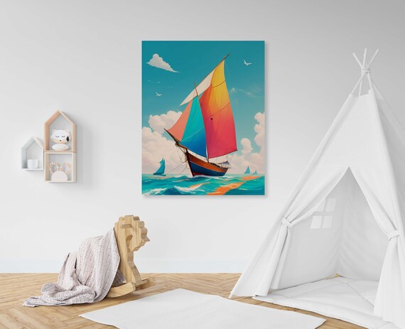 Classic Sailboat With Rainbow Sails On A Calm Blue Sea Poster