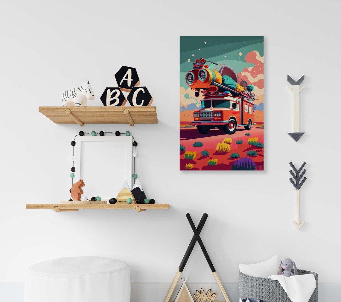 Heroic Fire Truck Art Poster Of 1 Image Childrens Art Decoration Fire Truck Illustration Poster Fire Truck Room Decoration - Image 2