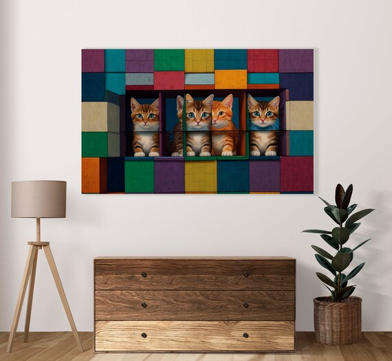 Magic Cat In Cube World Poster Set Of 1 Image Schrodinger Feline Cubes Illustration Scifi Comic Cat Image