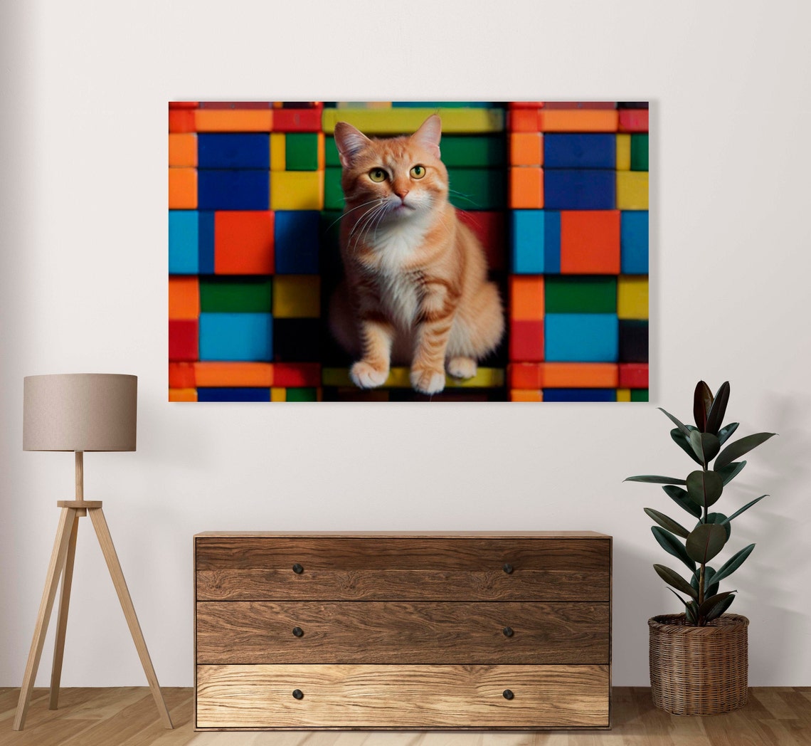 Green Eyed Orange Kitten Before Colorful Cube Block Wall Poster
