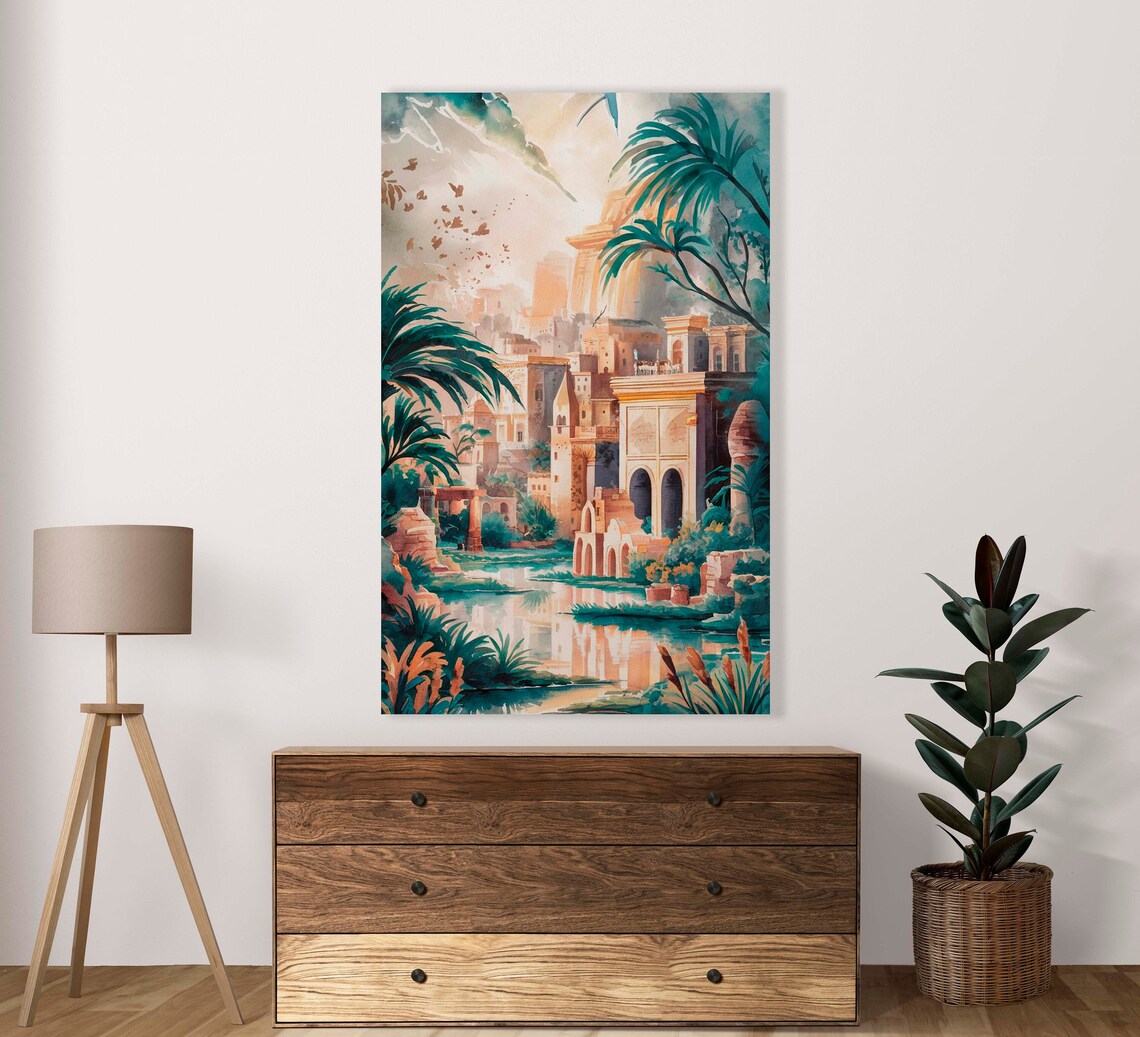Sunlit Old Town Watercolor With Palm Trees And Lagoon Poster