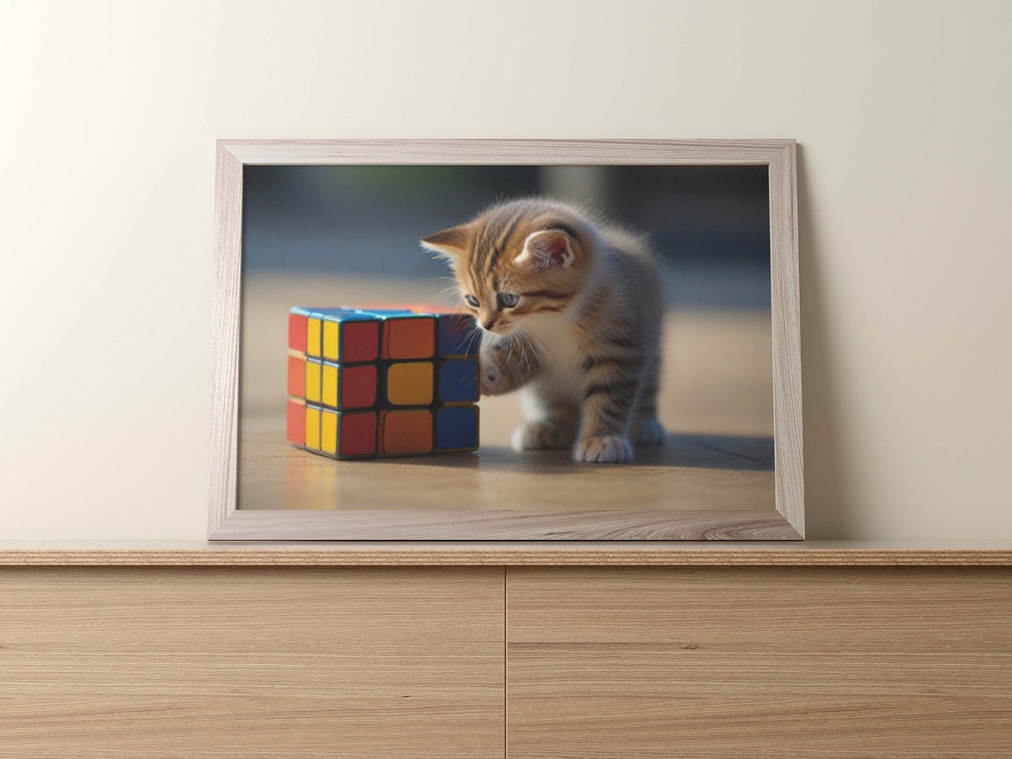 Tiny Orange Kitten Pawing Big Puzzle Cube Playful Art Poster - Image 2