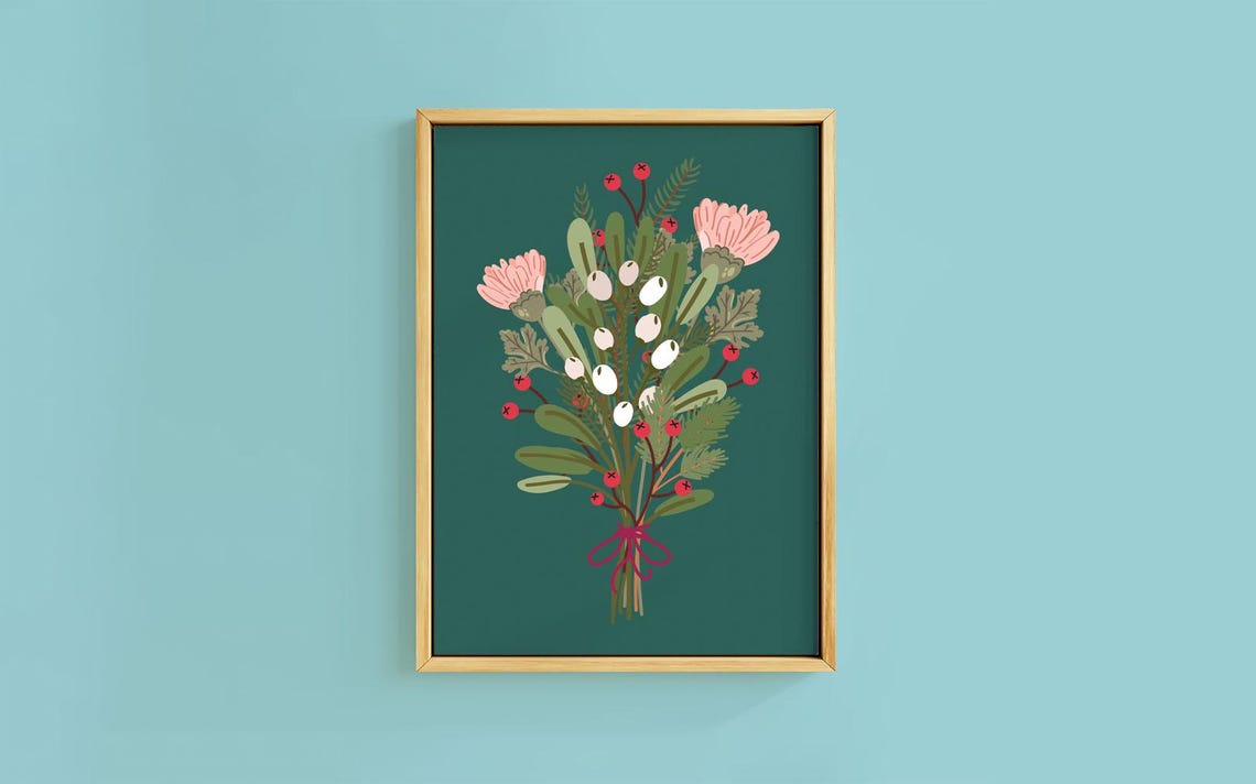 Mistletoe Botanical Bunch Dark Green Holiday Botanical Poster