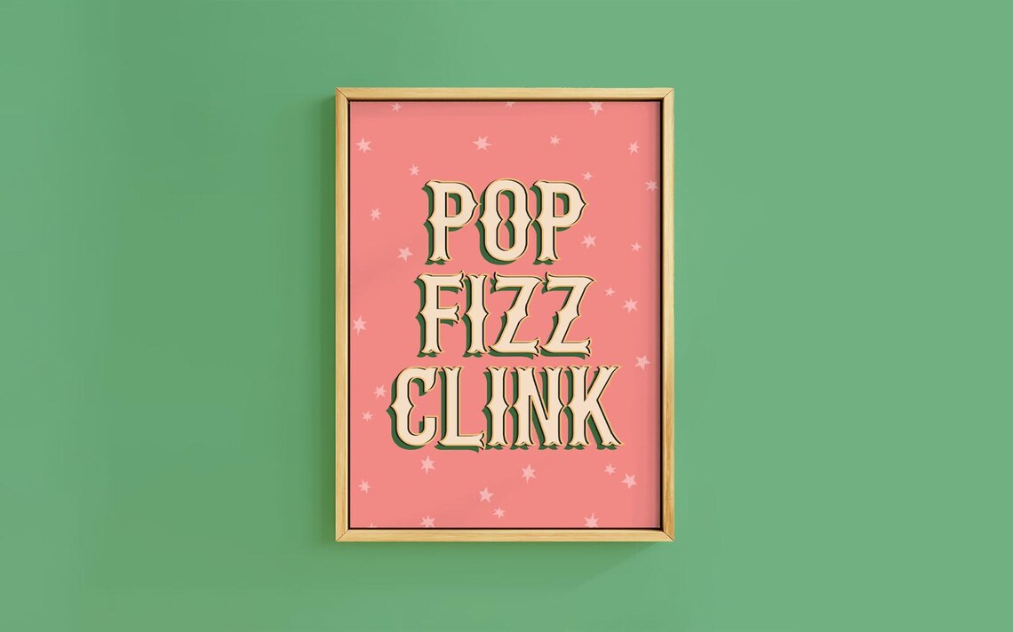 Pop Fizz Clink Retro Cream Lettering Coral Starry Night Poster