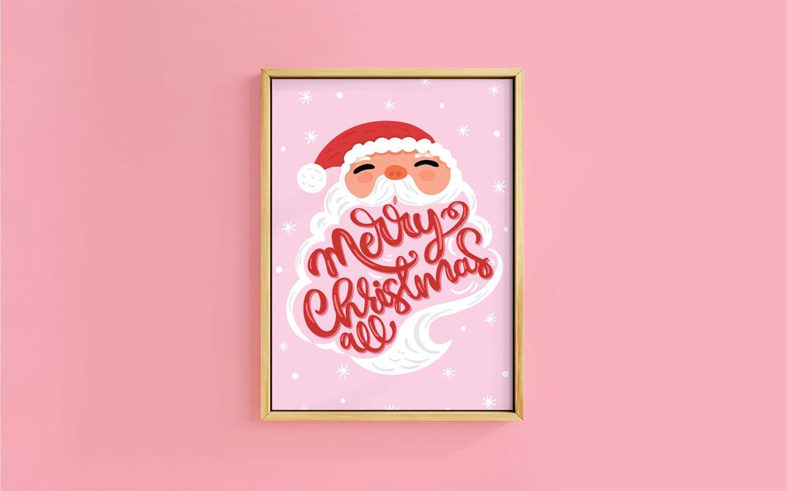 Smiling Santa Face Merry Christmas Script Joyful Holiday Print