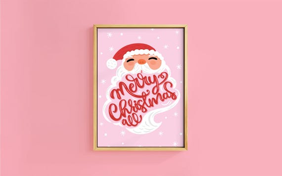 Merry Christmas To All Santa Retro Wall Art Print Unframed Cosy Holly Berry Botanical Stocking Xmas Bold Gallery Decor