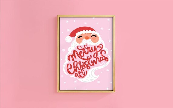 Smiling Santa Face Merry Christmas Script Joyful Holiday Print