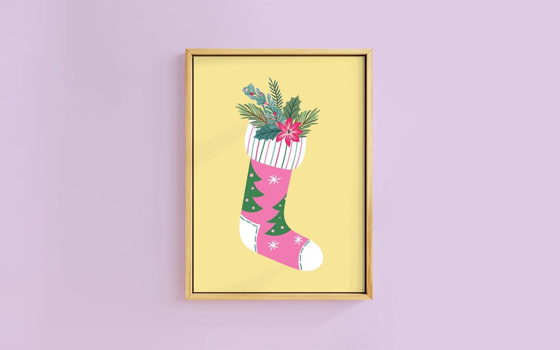 Pink Christmas Stocking Yellow Retro Scandinavian Holiday Poster