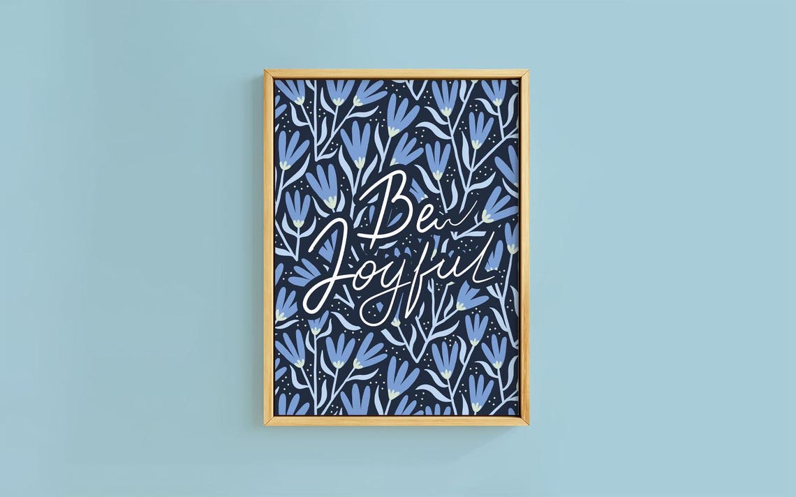 Cheerful Be Joyful Script Navy Snowdrop Botanical Quote Poster