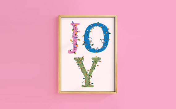 Bright Joy Fairy Lights Letters Pink Blue Green Festive Poster