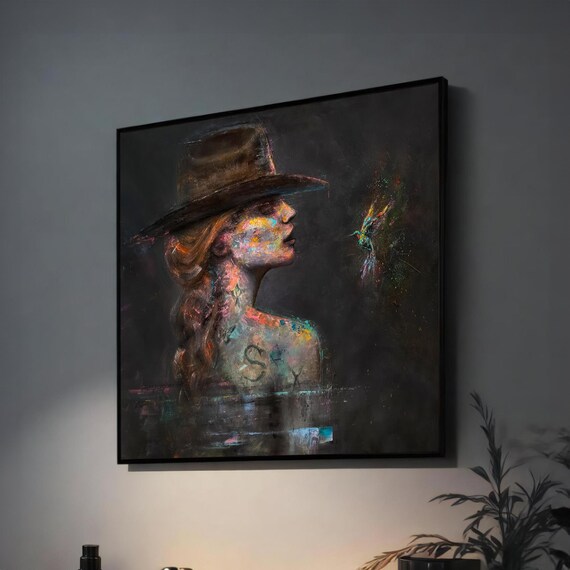 Woman in Wide-Brim Hat With Hummingbird Moody Abstract Portrait Poster
