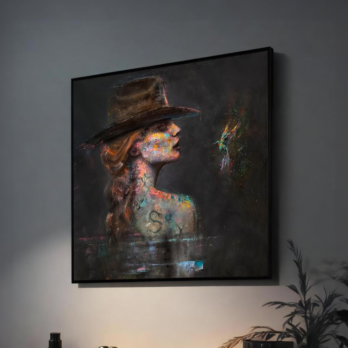 Woman in Wide-Brim Hat With Hummingbird Moody Abstract Portrait Poster