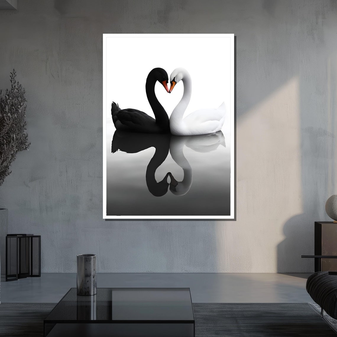 Black and White Swans Forming a Heart Romantic Love Art Poster - Image 3