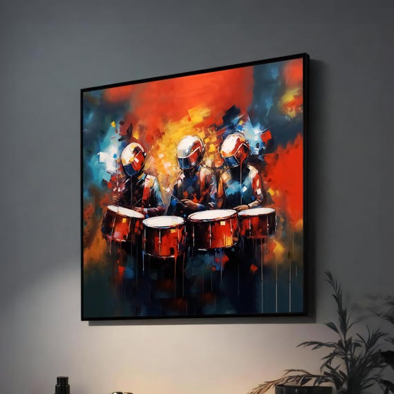 Vibrant Drummers Abstract Art Bold Modern Painting For Living Room Wall Decor Dynamic Musical Artwork