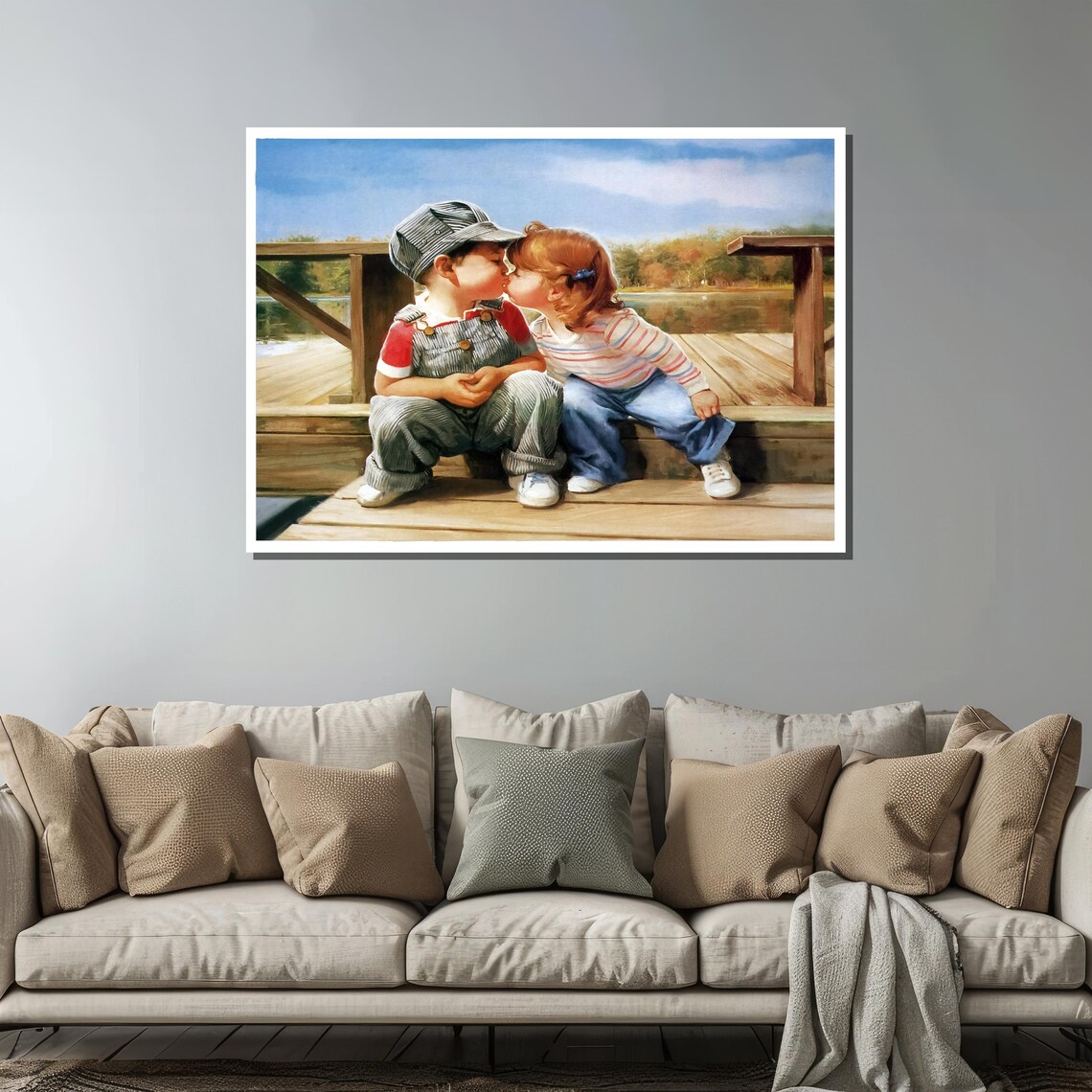 Two Sweet Little Kids Kissing on Wooden Dock Childhood Art Poster - Image 3