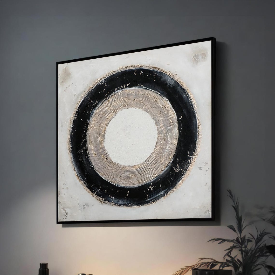 Black and Gold Concentric Circle Minimalist Abstract Art Poster