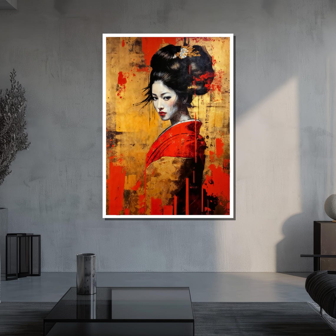 Bold Red Kimono Geisha Portrait On Gold Abstract Background Poster - Image 3