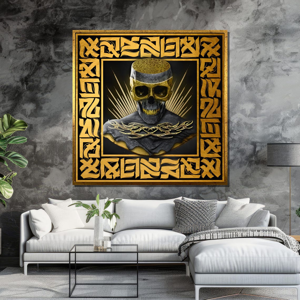 Golden Skull With Intricate Calligraphy Bold Gothic Art For Unique Home Decor - Image 6