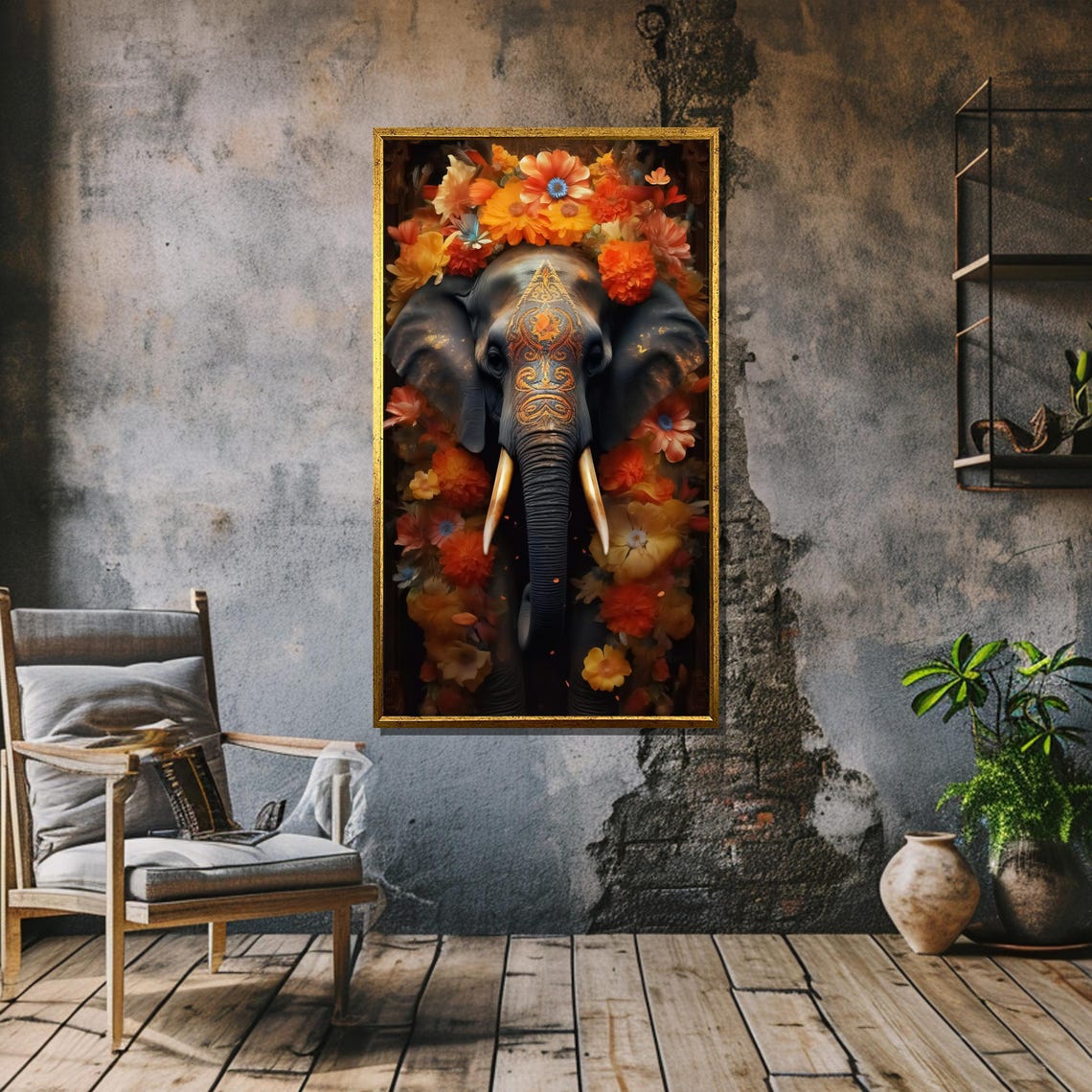 Ornate Elephant Head With Painted Forehead and Flower Crown Art Poster