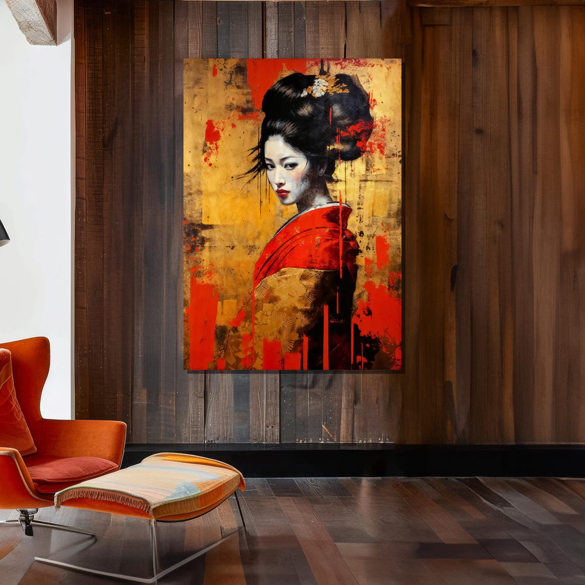 Bold Red Kimono Geisha Portrait On Gold Abstract Background Poster - Image 2
