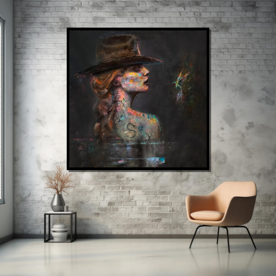 Woman in Wide-Brim Hat With Hummingbird Moody Abstract Portrait Poster - Image 5