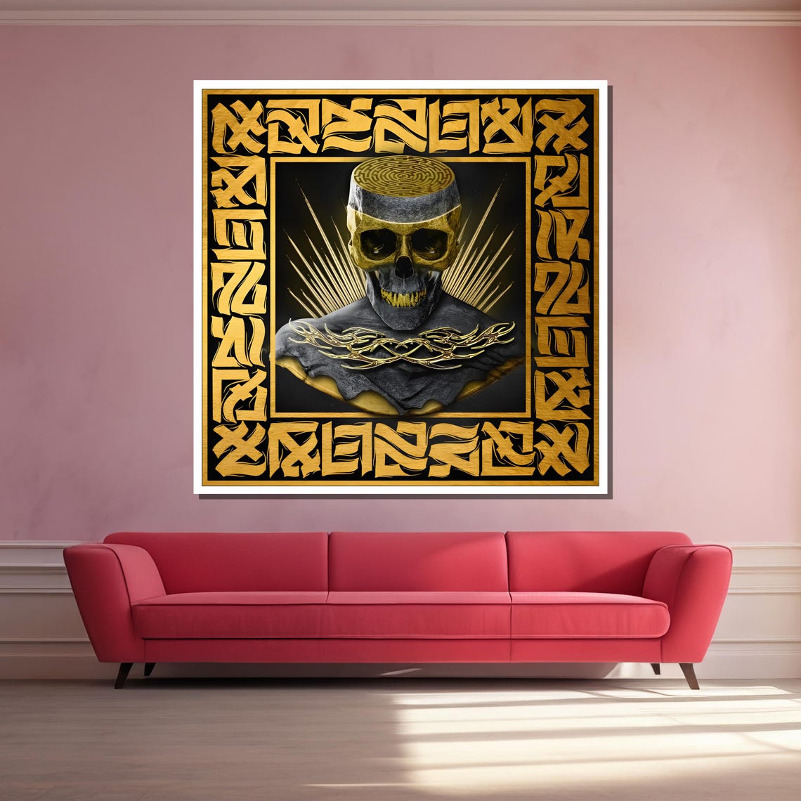 Golden Skull With Gold Calligraphy Border Bold Gothic Style Art Poster - Image 3