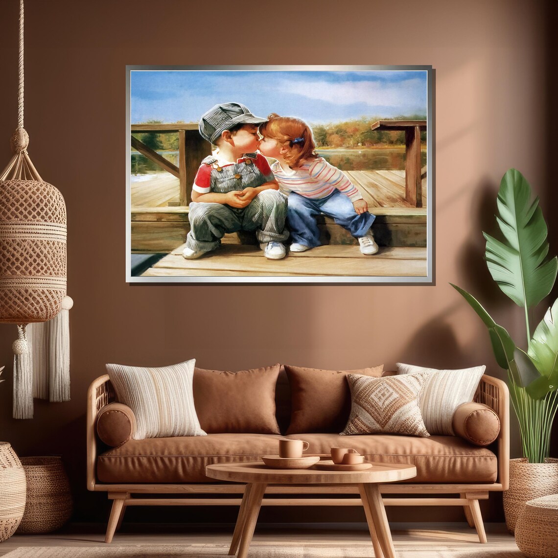 Two Sweet Little Kids Kissing on Wooden Dock Childhood Art Poster - Image 4