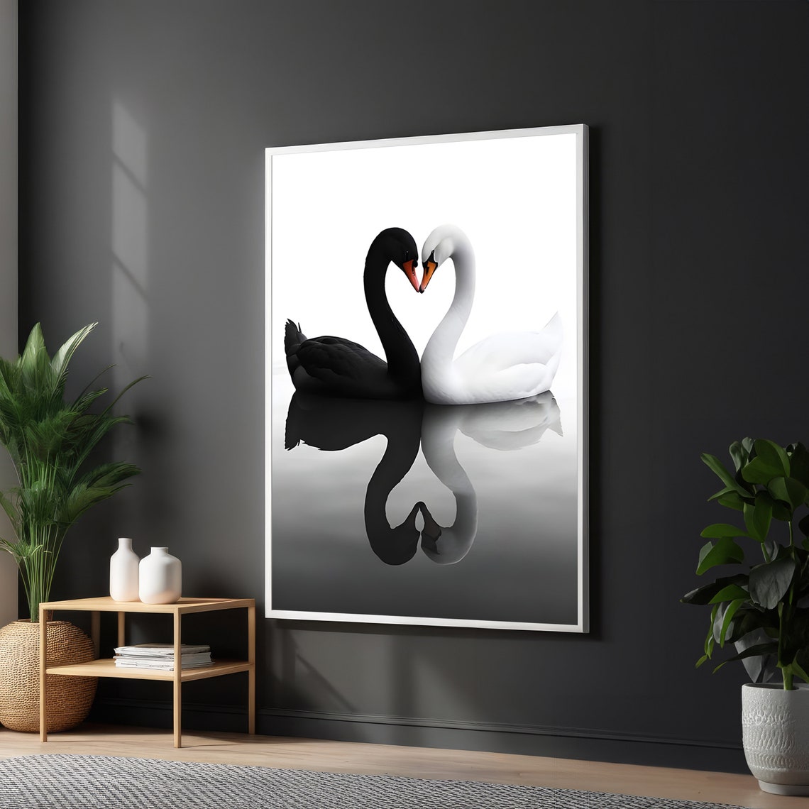 Black and White Swans Forming a Heart Romantic Love Art Poster