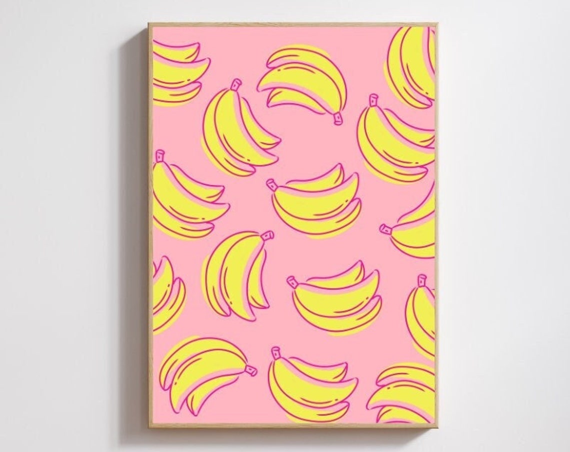 Totally Bananas Retro Fruit Pattern Pink Background Kitchen Poster