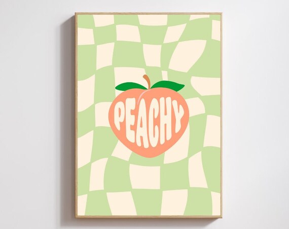 Peachy Print Groovy Peach Print Just Peachy Print Peach Groovy Fruit Wall Art Checkered Peach Instant