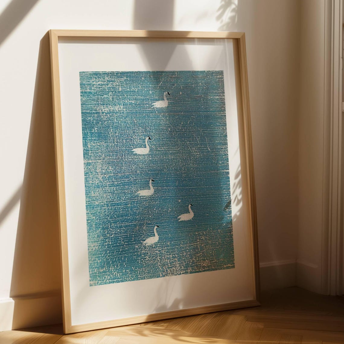 Five White Swans Gliding On Teal Water Minimalist Nature Art Print