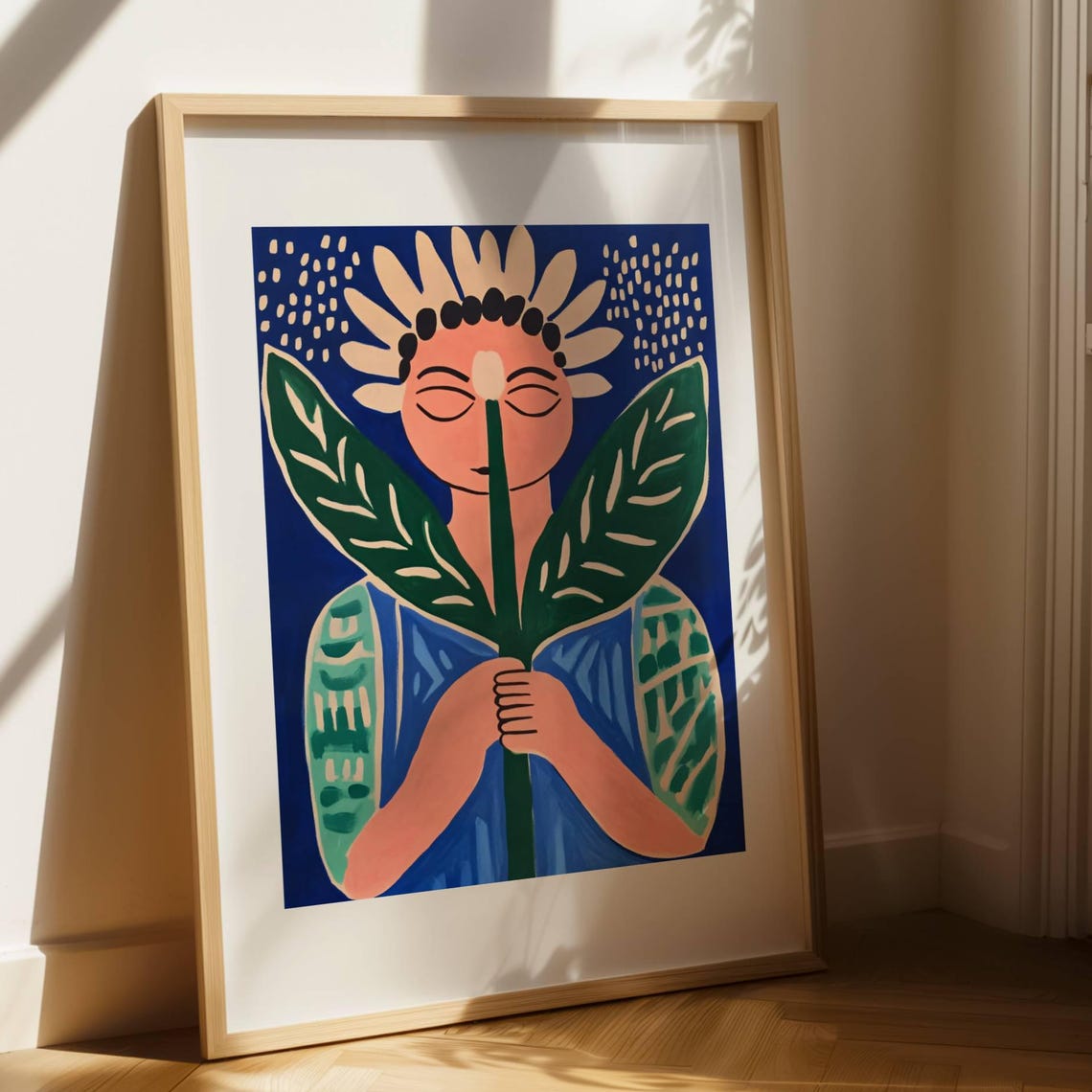 Folk Art Woman Holding Flower Cobalt Blue Botanical Wall Poster
