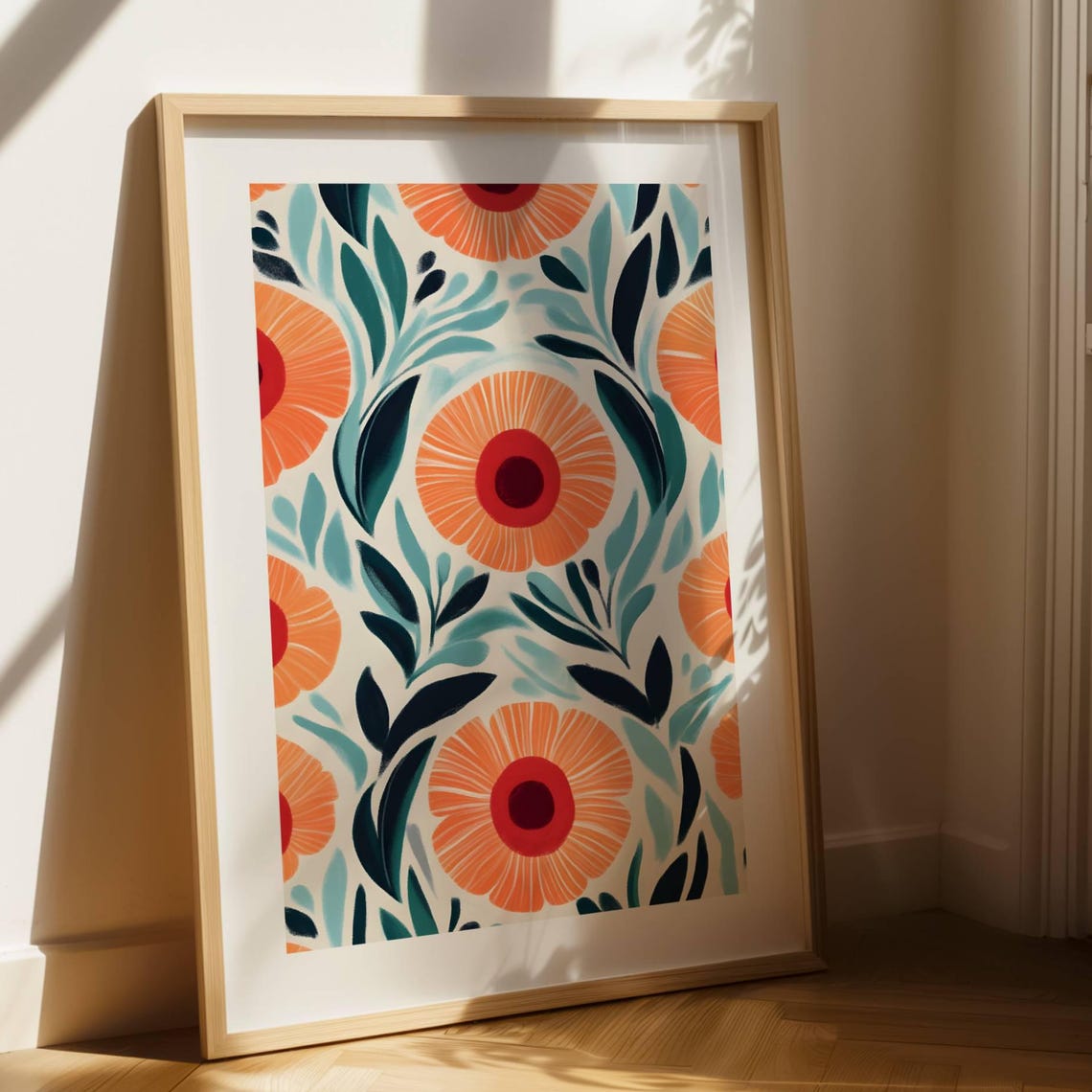 Orange Daisies And Teal Leaves Bold Botanical Pattern Art Print