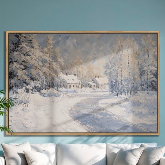 Snowy Trees And Village By Road Framed Print Cozy Cabins In Forest Painting Winter Home Decor Nature Lover Gift Ready To Hang