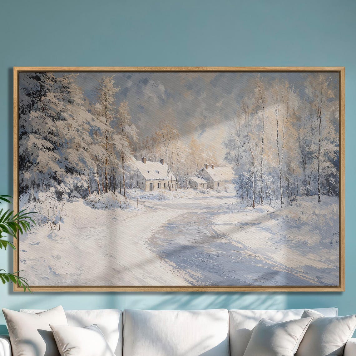 Snowy Trees And Village By Road Framed Print Cozy Cabins In Forest Painting Winter Home Decor Nature Lover Gift Ready To Hang
