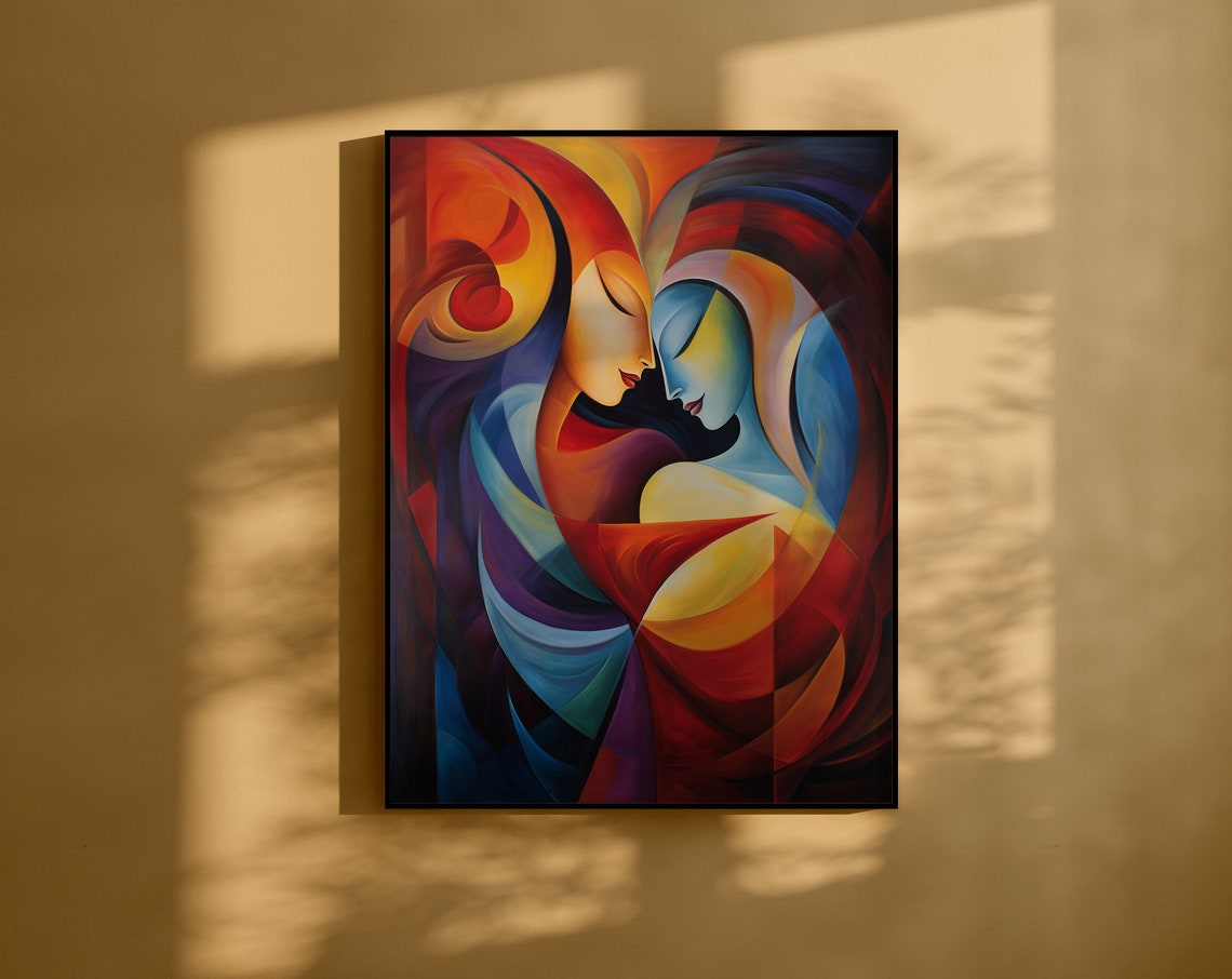 Abstract Embracing Couple in Fiery Red and Deep Blue Art Poster