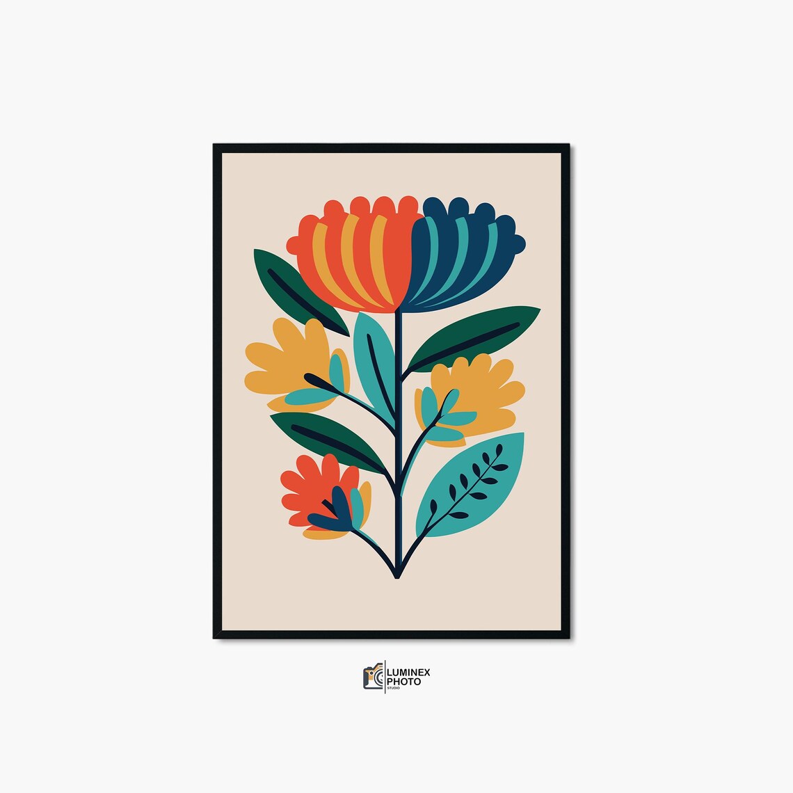 Bold Retro Floral Bouquet Illustration Poster in Orange and Teal